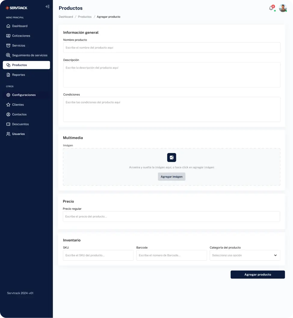 Gestión de productos servtrack